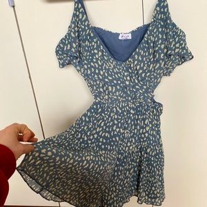 LE LIS Dusty Blue & White Polka Dot Cutout Romper